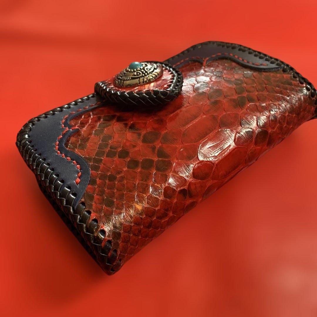 ハンドメイドレザークラフトレッドパイソンミドルウォレット牛革紺色牛レース編み紺色