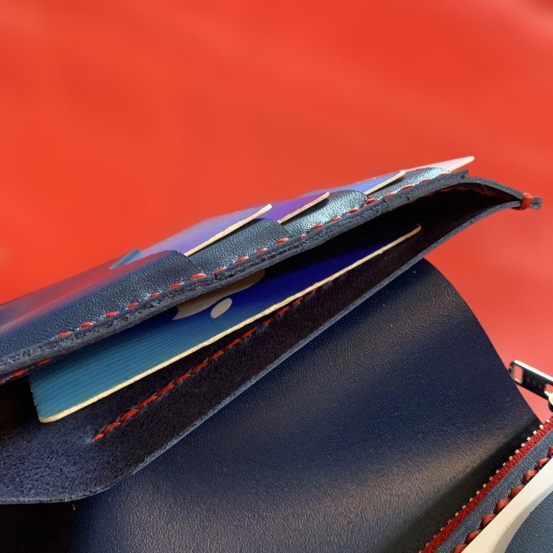 ハンドメイドレザークラフトレッドパイソンミドルウォレット牛革紺色牛レース編み紺色