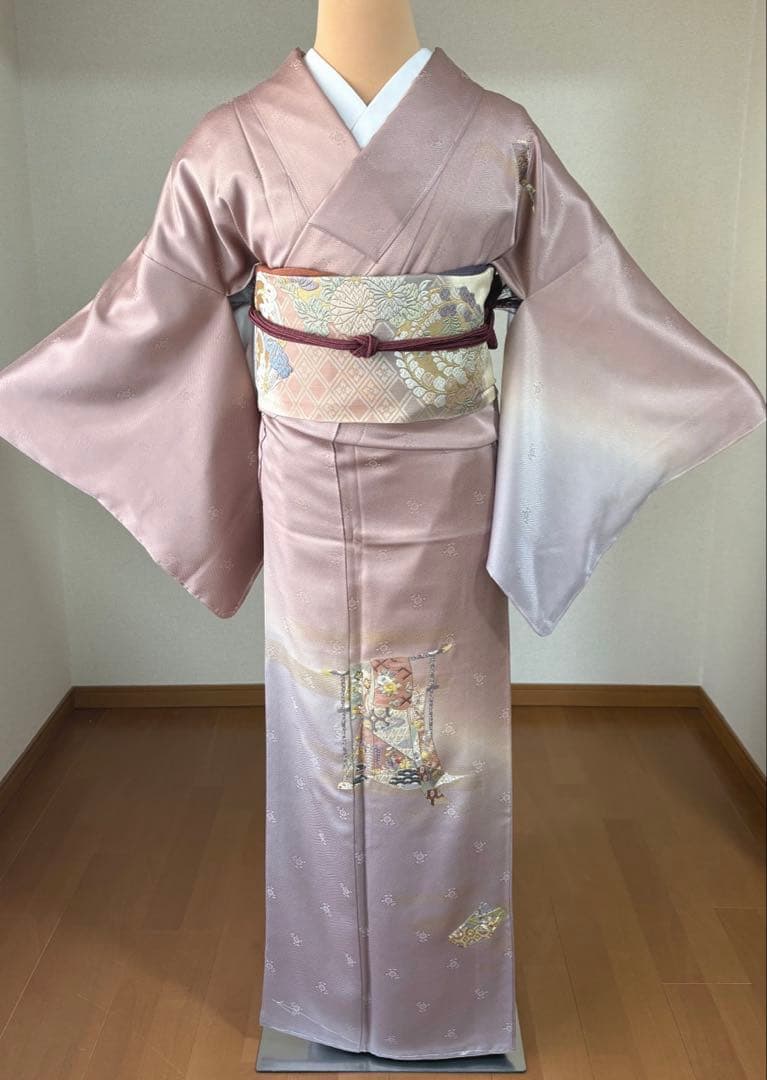 4点フルセット　正絹訪問着　袋帯　帯揚げ　帯締め　未使用品