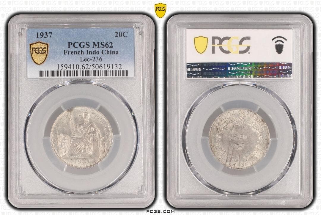 PCGS-MS62 フランス領インドシナ 1937 女神座像 1年タイプ　銀貨