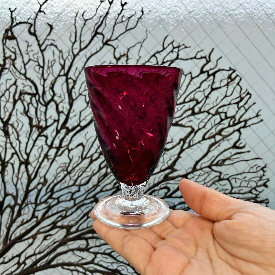 骨董　時代　希少金赤ガラス　モールガラス調　流線型　アイスコップ　ウラン③