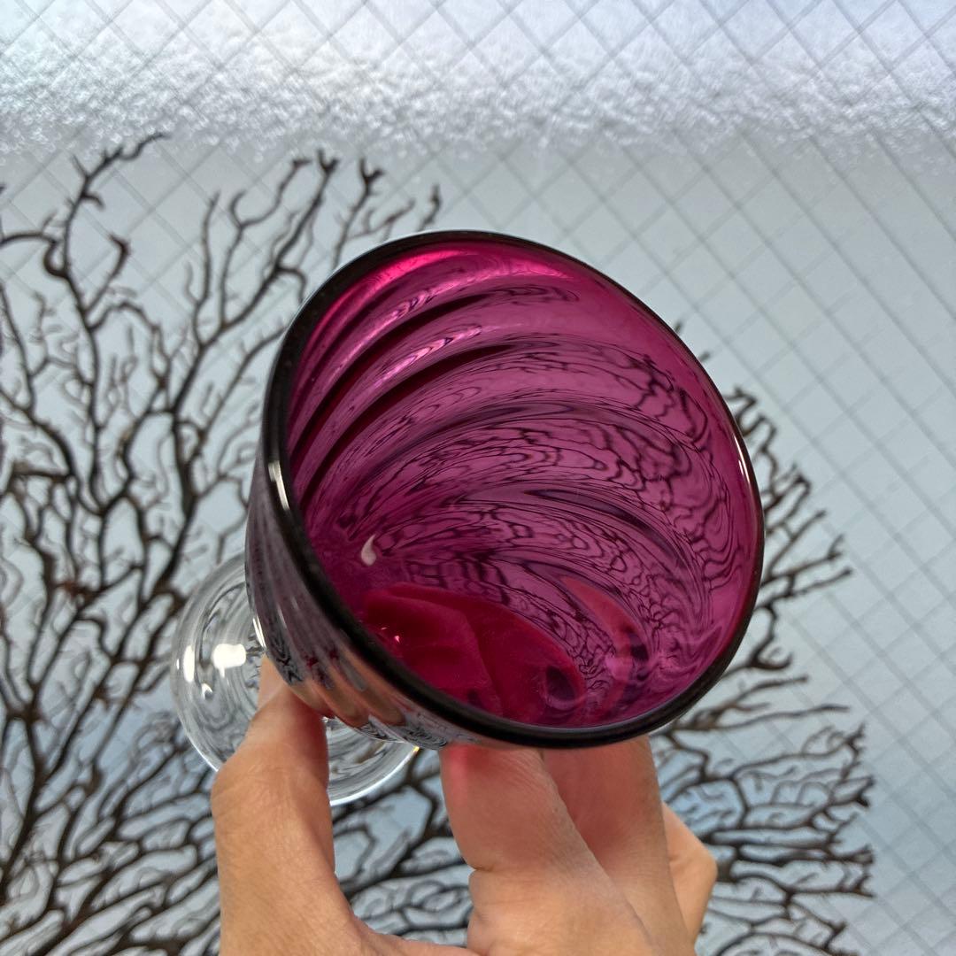 骨董　時代　希少金赤ガラス　モールガラス調　流線型　アイスコップ　ウラン③