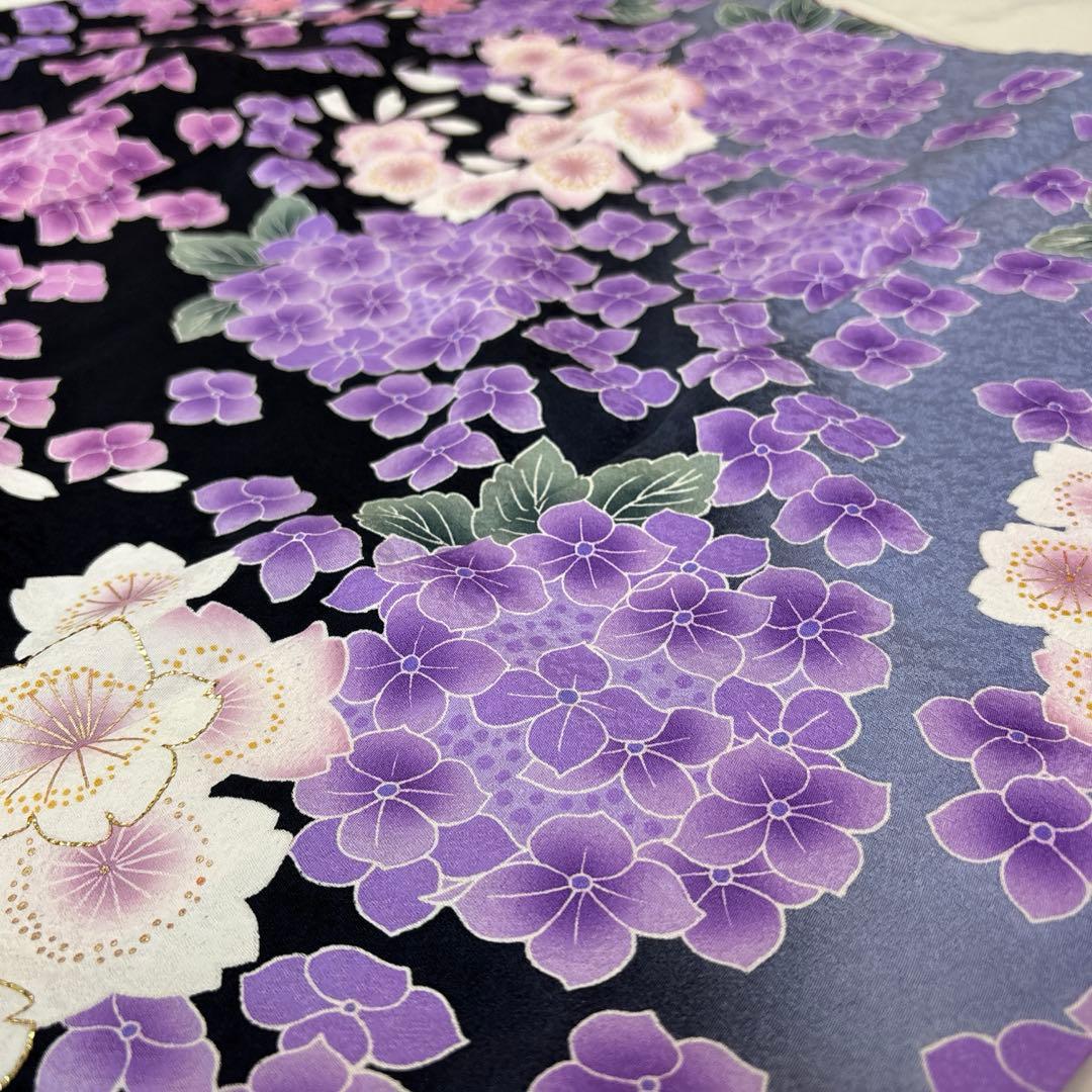 振袖 袷 紫陽花 桜 金糸 ブラック パールトーン加工済