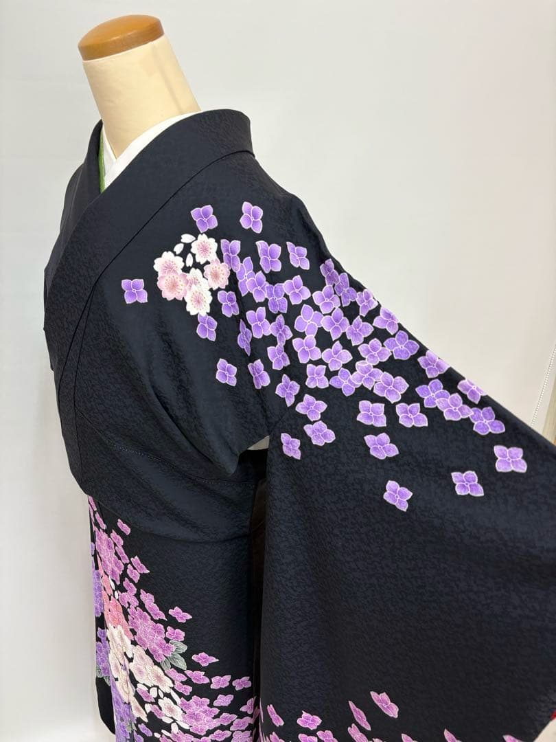 振袖 袷 紫陽花 桜 金糸 ブラック パールトーン加工済