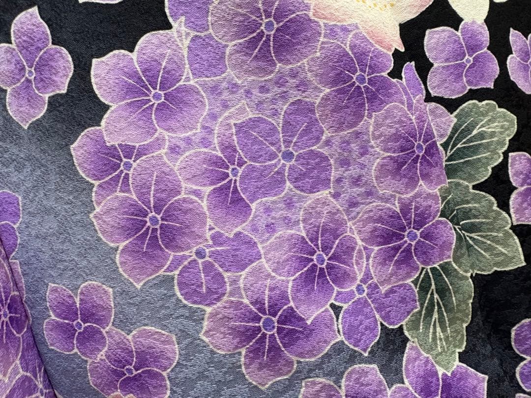 振袖 袷 紫陽花 桜 金糸 ブラック パールトーン加工済