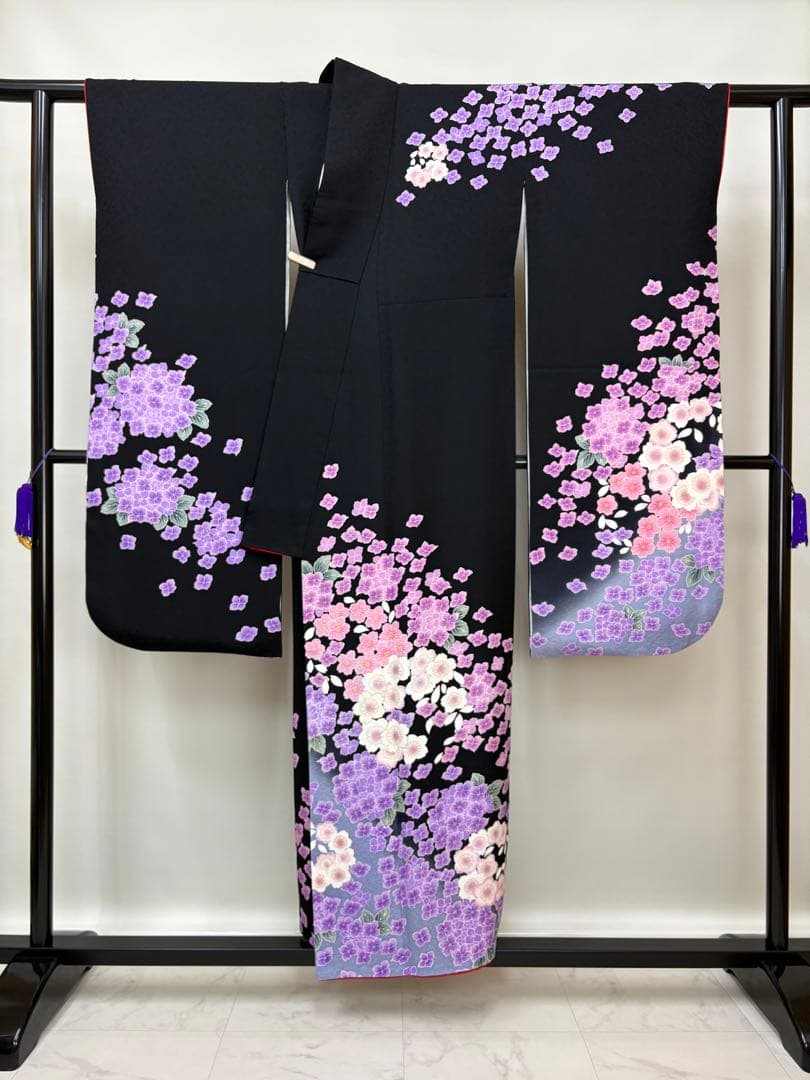 振袖 袷 紫陽花 桜 金糸 ブラック パールトーン加工済