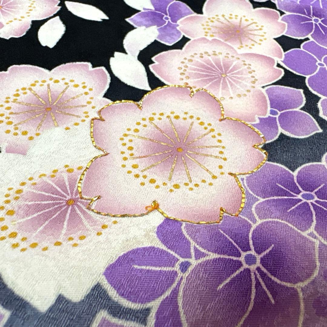 振袖 袷 紫陽花 桜 金糸 ブラック パールトーン加工済