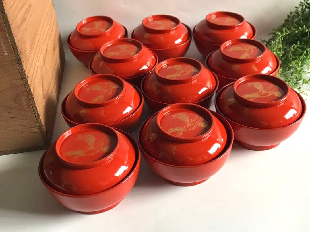 能登輪島塗 漆塗り 金蒔絵 天然木 蓋付椀 10客セット