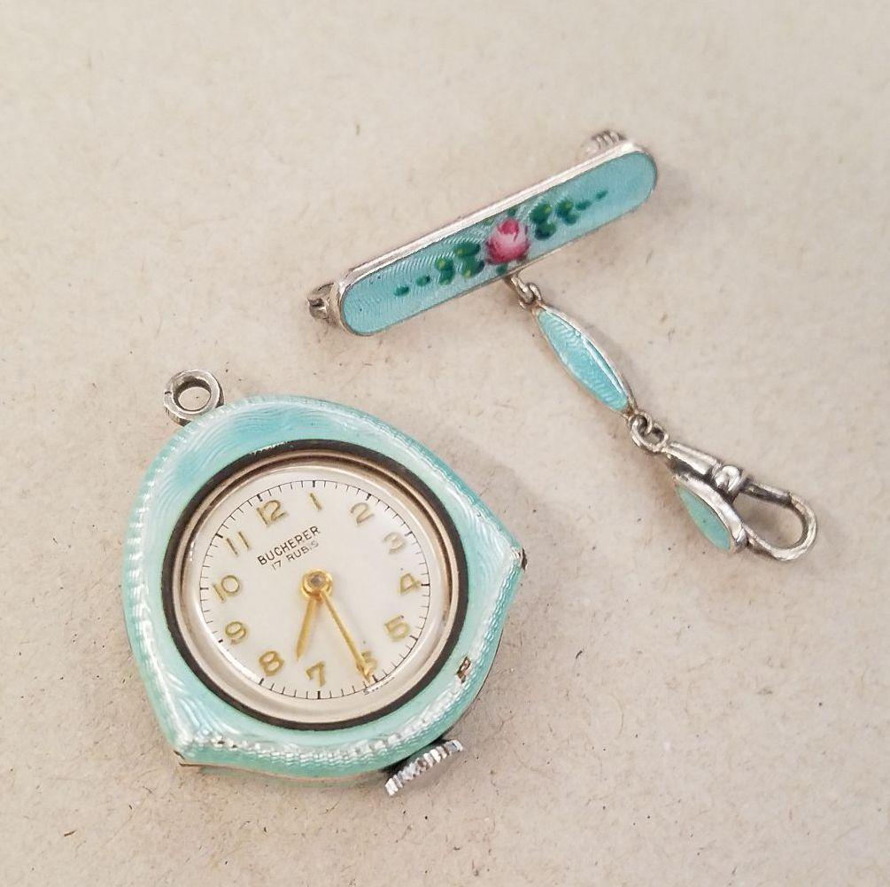 ★nyo★ BUCHERER ブヘラ シルバー エナメル ブローチ 時計