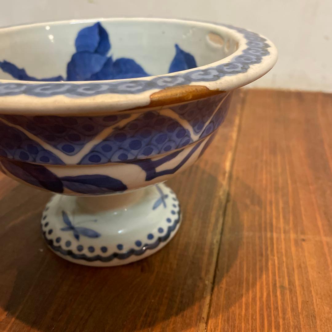 美品　古伊万里　染付の器　江戸時代　肥前　磁器　高杯　金継ぎ　染付の絵柄が上品な