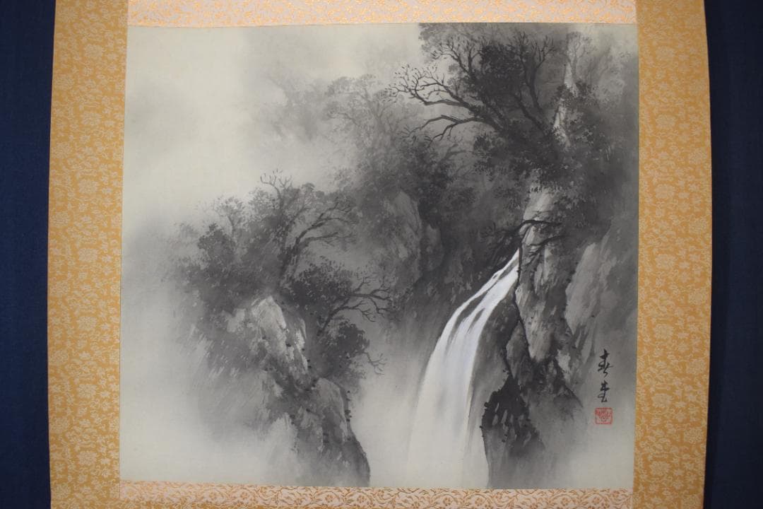 【真作】吉井春堂/滝山水図/横物/水墨山水図/掛軸☆宝船☆Z-156