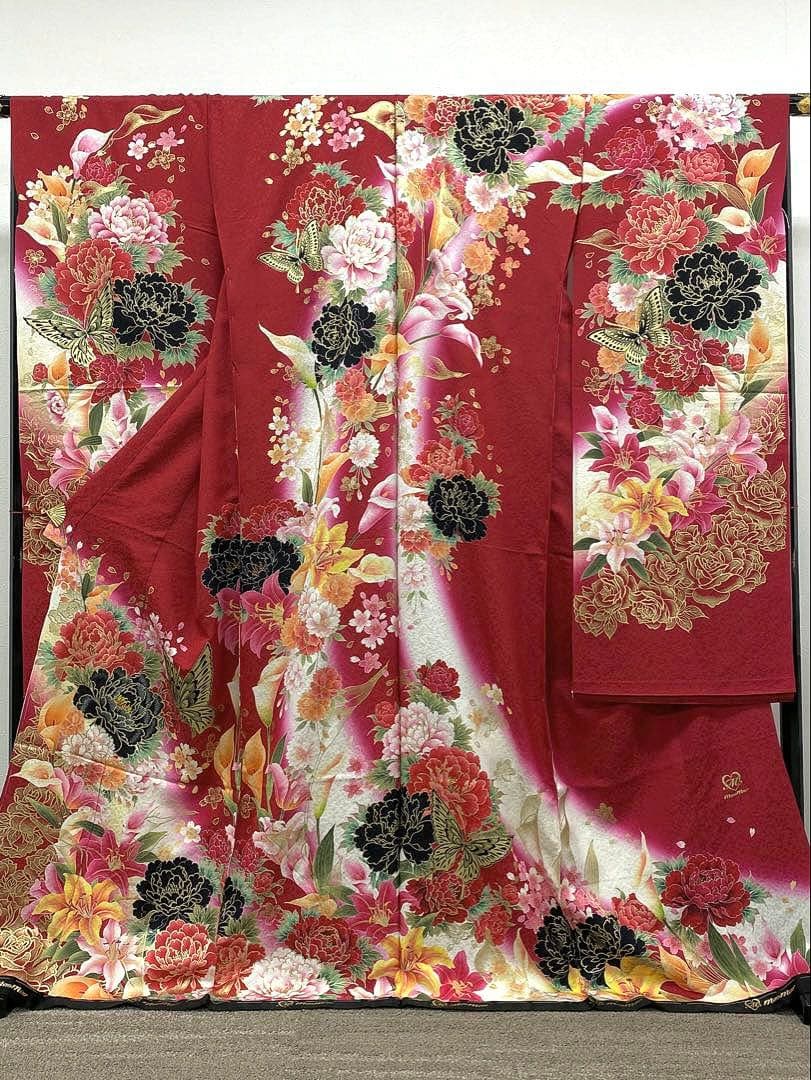 振袖 仮絵羽 京友禅 浅田真央 刺繍 金彩 牡丹 薔薇 正絹 未仕立て品 八掛付