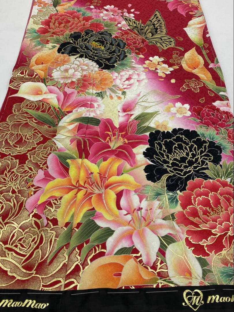 振袖 仮絵羽 京友禅 浅田真央 刺繍 金彩 牡丹 薔薇 正絹 未仕立て品 八掛付
