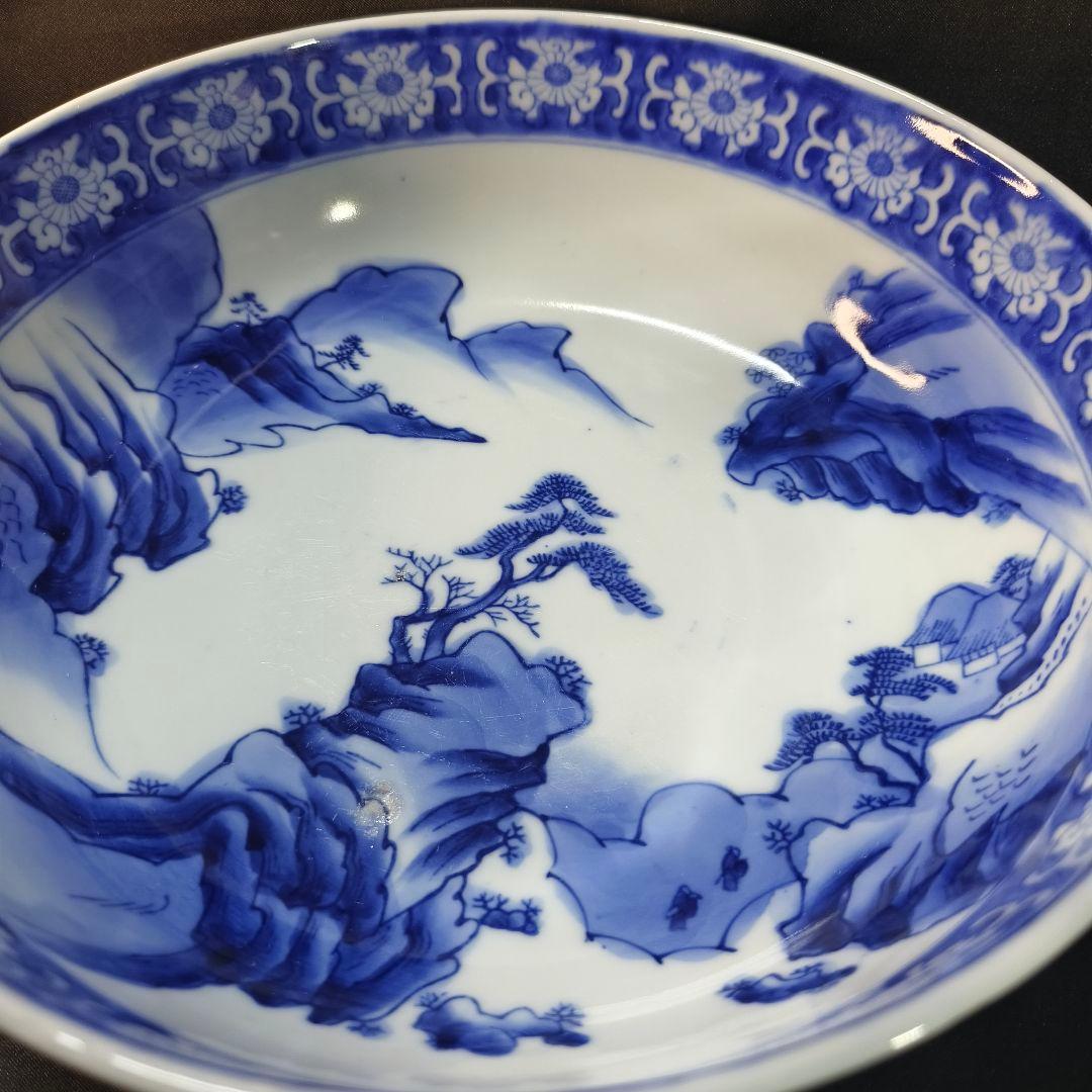 古伊万里 染付三つ鉢 山水風景文 手描き 明治骨董 古美術品 蒐集家放出美品