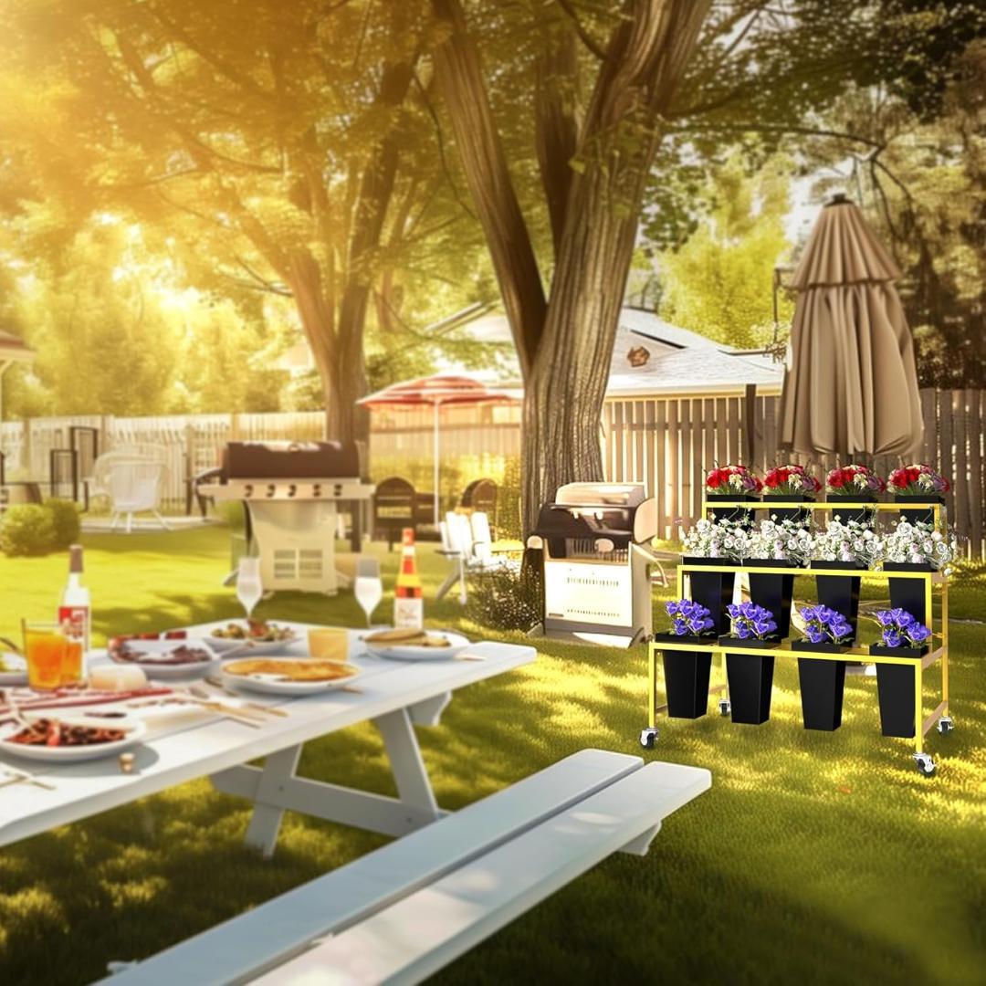 フラワーディスプレイスタンド、12個のフラワーバケツ、3段メタルプラントスタンド