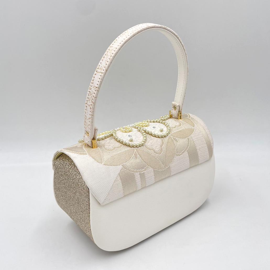 豪華ビーズパール刺繍 西陣帯地　本格カブセ　振袖バッグ草履セット 　アイボリー