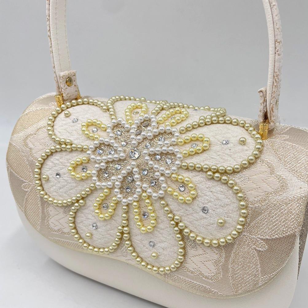 豪華ビーズパール刺繍 西陣帯地　本格カブセ　振袖バッグ草履セット 　アイボリー