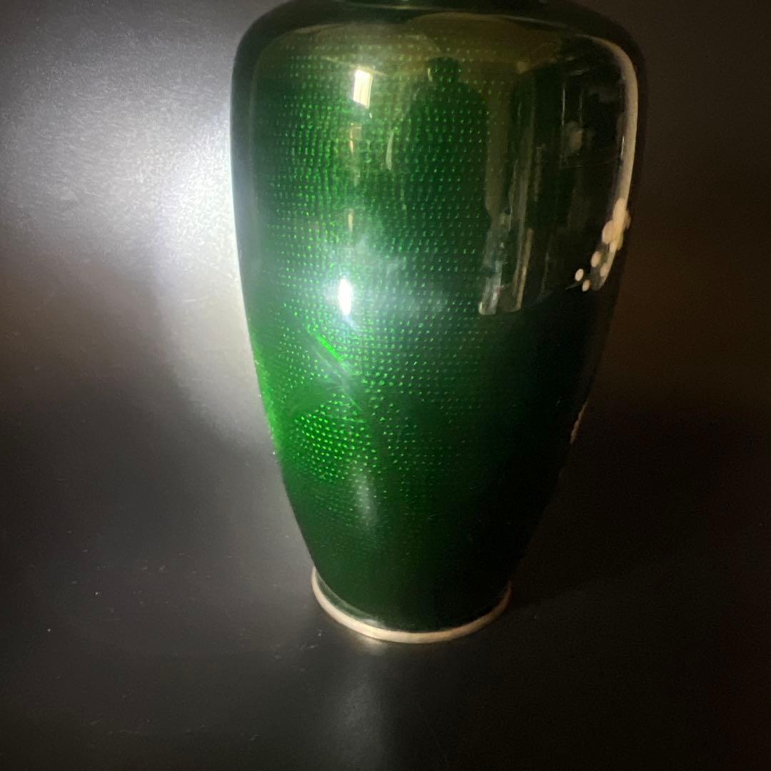 安藤七宝焼　梅菊竹　珍しい深緑系　花入れ　花瓶　華道　刻印有　極上工芸　金属工芸