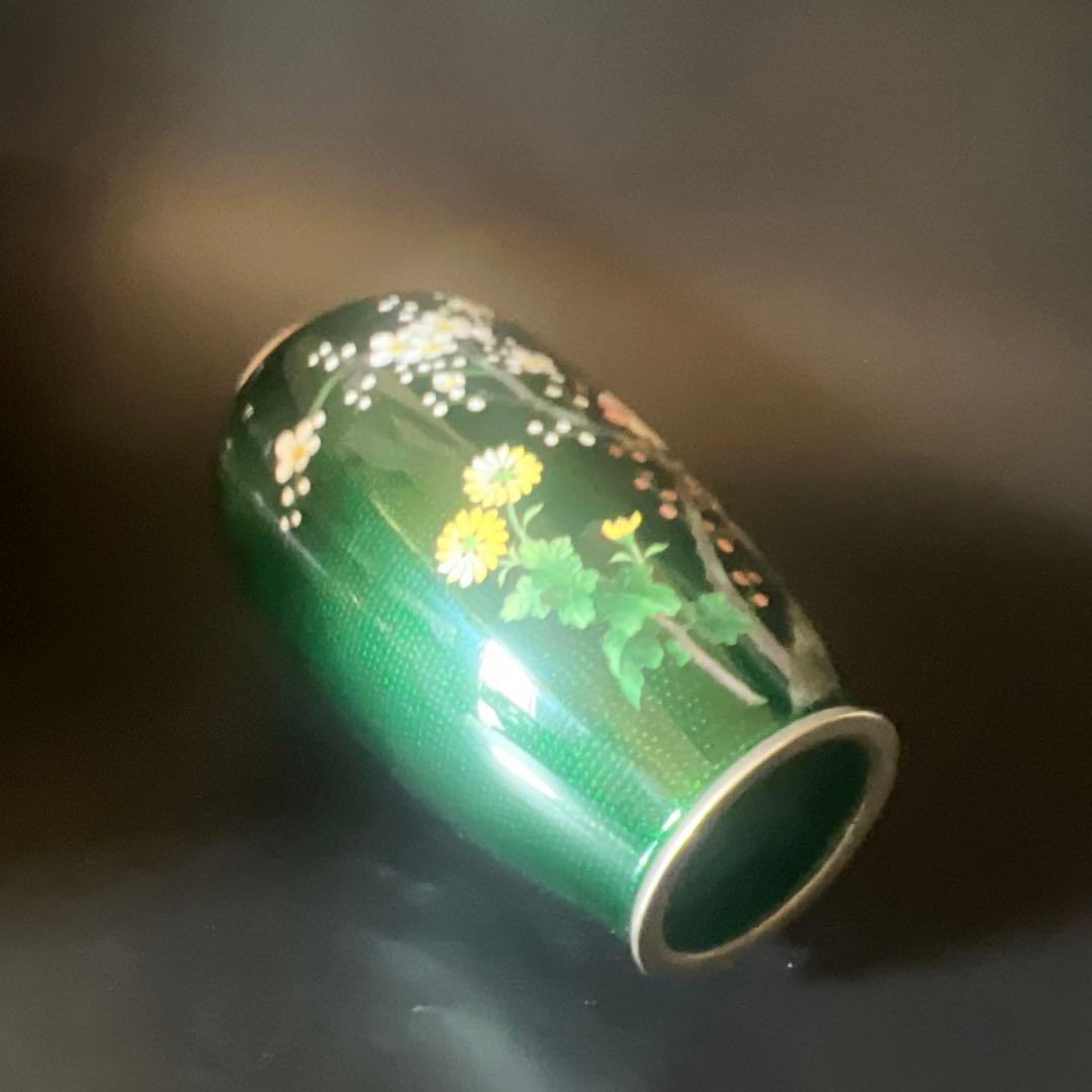 安藤七宝焼　梅菊竹　珍しい深緑系　花入れ　花瓶　華道　刻印有　極上工芸　金属工芸