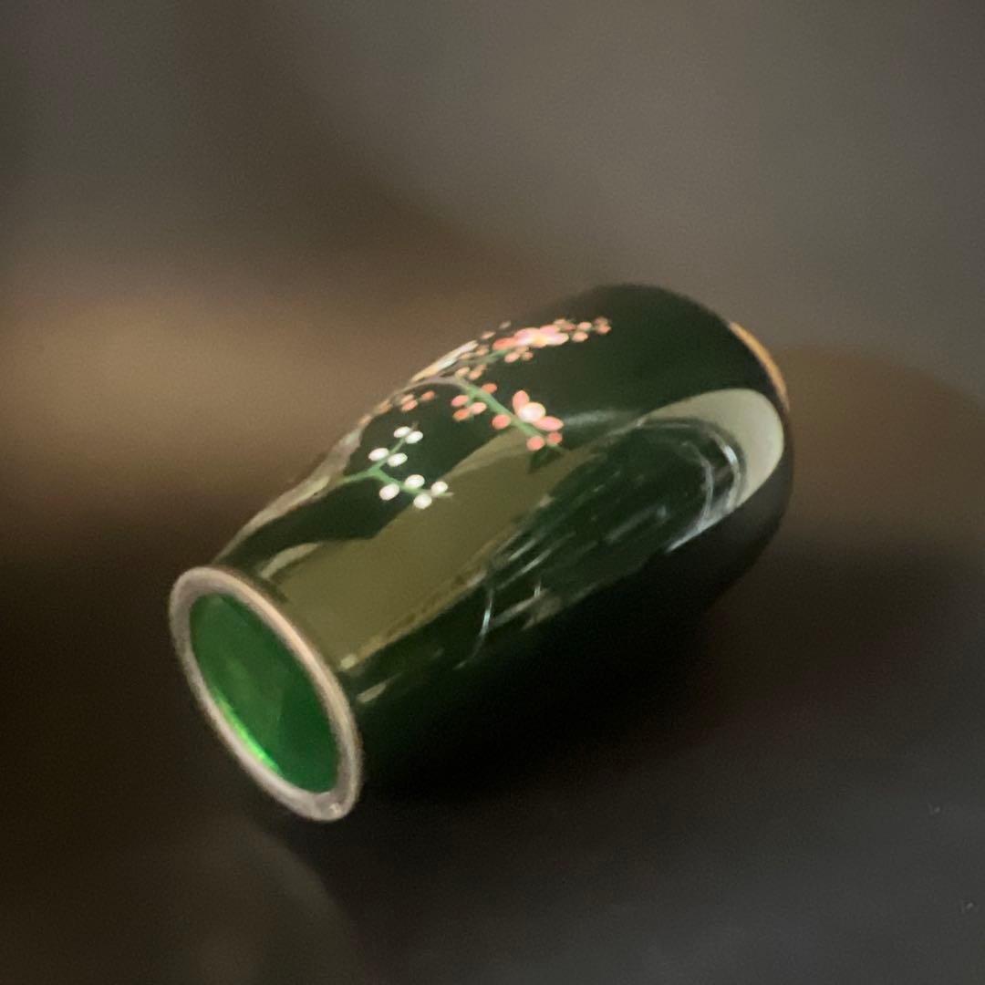 安藤七宝焼　梅菊竹　珍しい深緑系　花入れ　花瓶　華道　刻印有　極上工芸　金属工芸