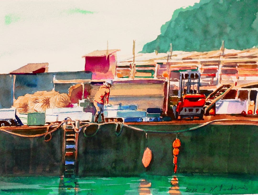 水彩画 漁港の風景 原画 F6サイズ 額縁付き