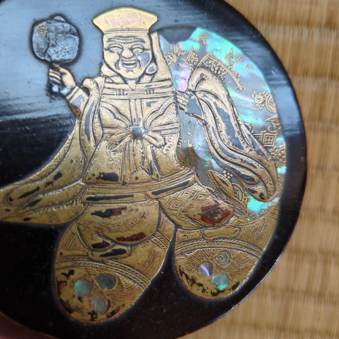 金箔装飾 漆器 香合 円形　大黒様　金蒔絵　打出の小槌　俵　骨董品　古美術