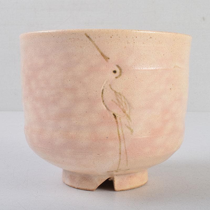 茶道具　志野焼　立鶴絵　茶碗　在銘　時代箱　V　R9374