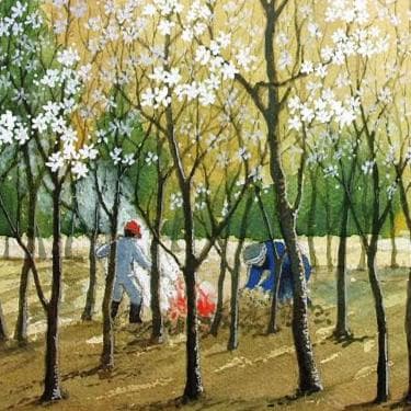 絵画「早春～ こぶしの咲くころ」　水彩画