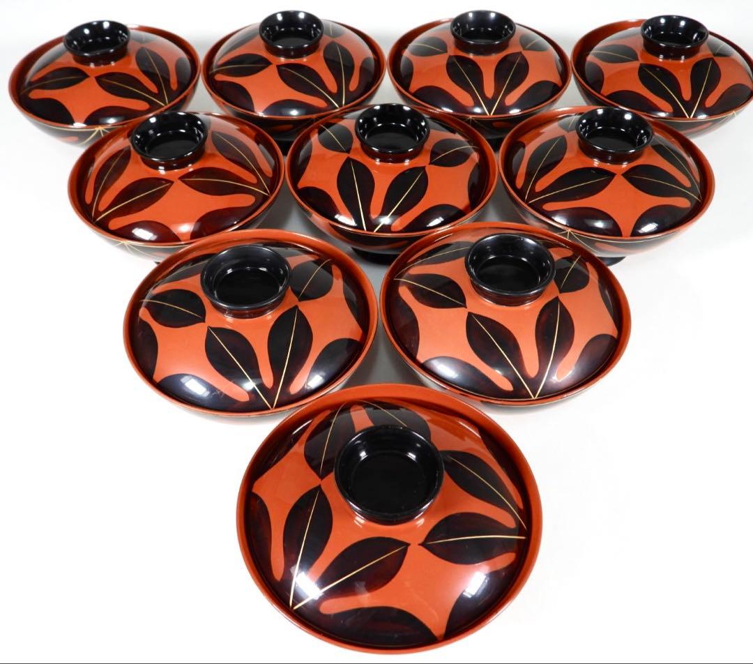 輪島塗 木製漆器 沈金 葉 蓋椀 吸物椀 汁椀 10客