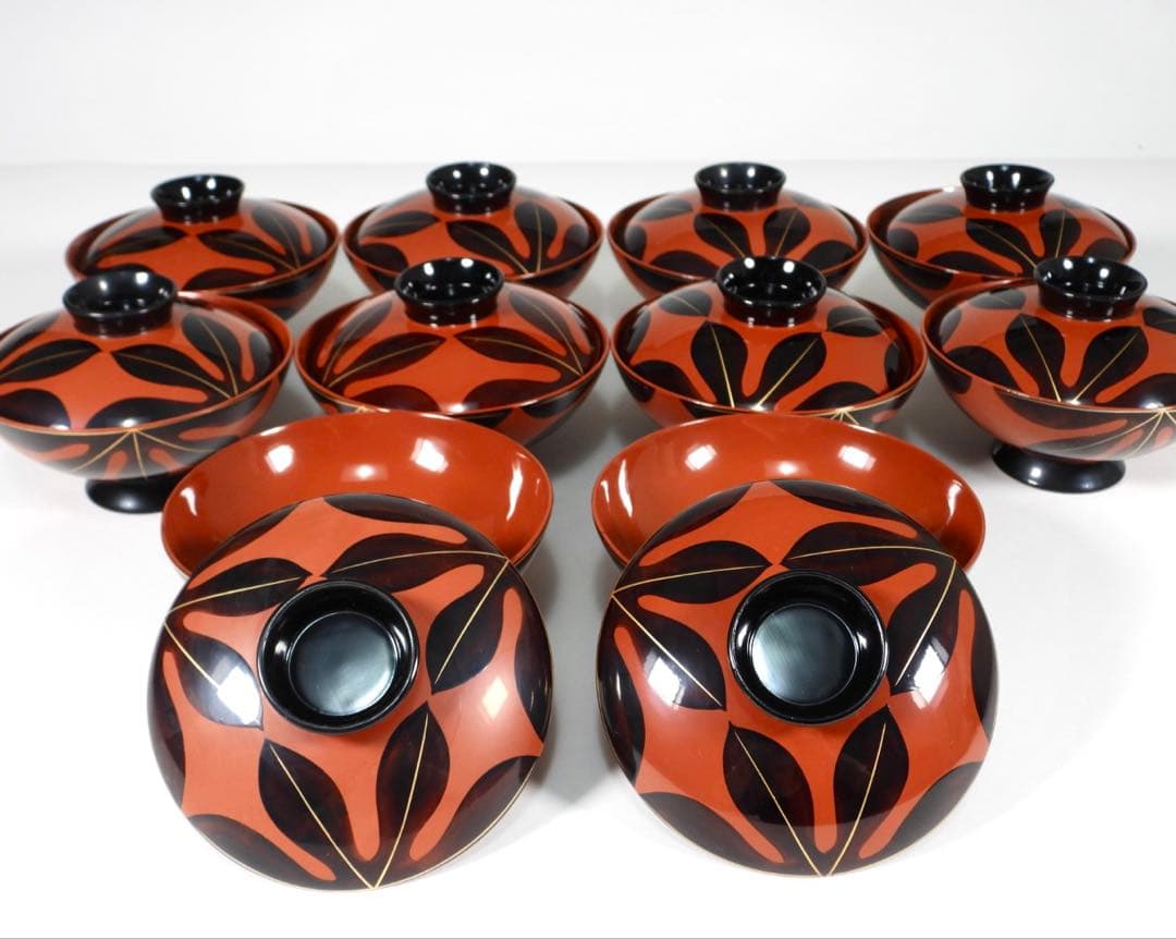 輪島塗 木製漆器 沈金 葉 蓋椀 吸物椀 汁椀 10客