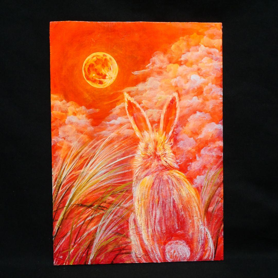油絵 油彩 油彩画 絵画 絵【オレンジの月うさぎ】