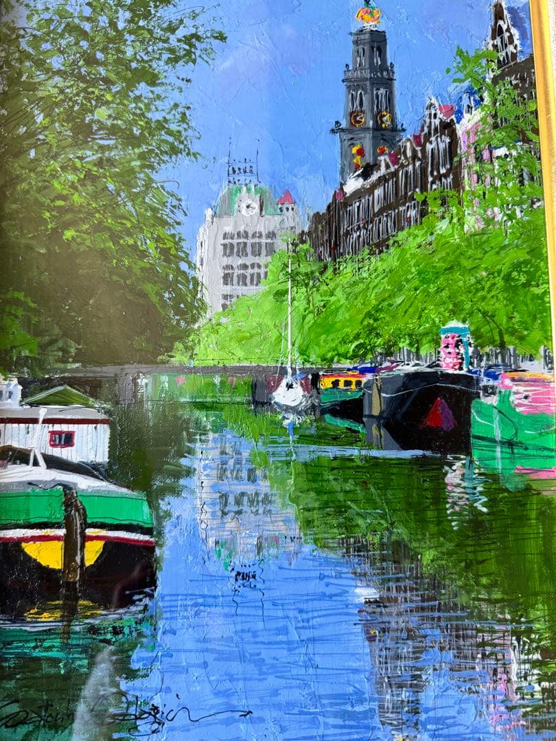 真作　小田切訓「塔のある運河」キャンバスに油彩 F4号　額装・タトウ箱・黄袋付き