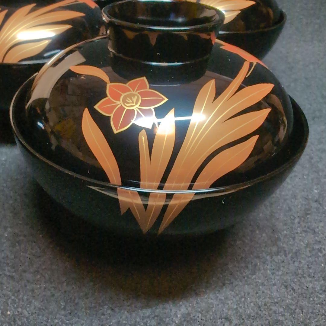 【越前塗】御吸物碗　錦寿　高仙才丸　水仙文様　天然木　高級漆器　黒地に蒔絵