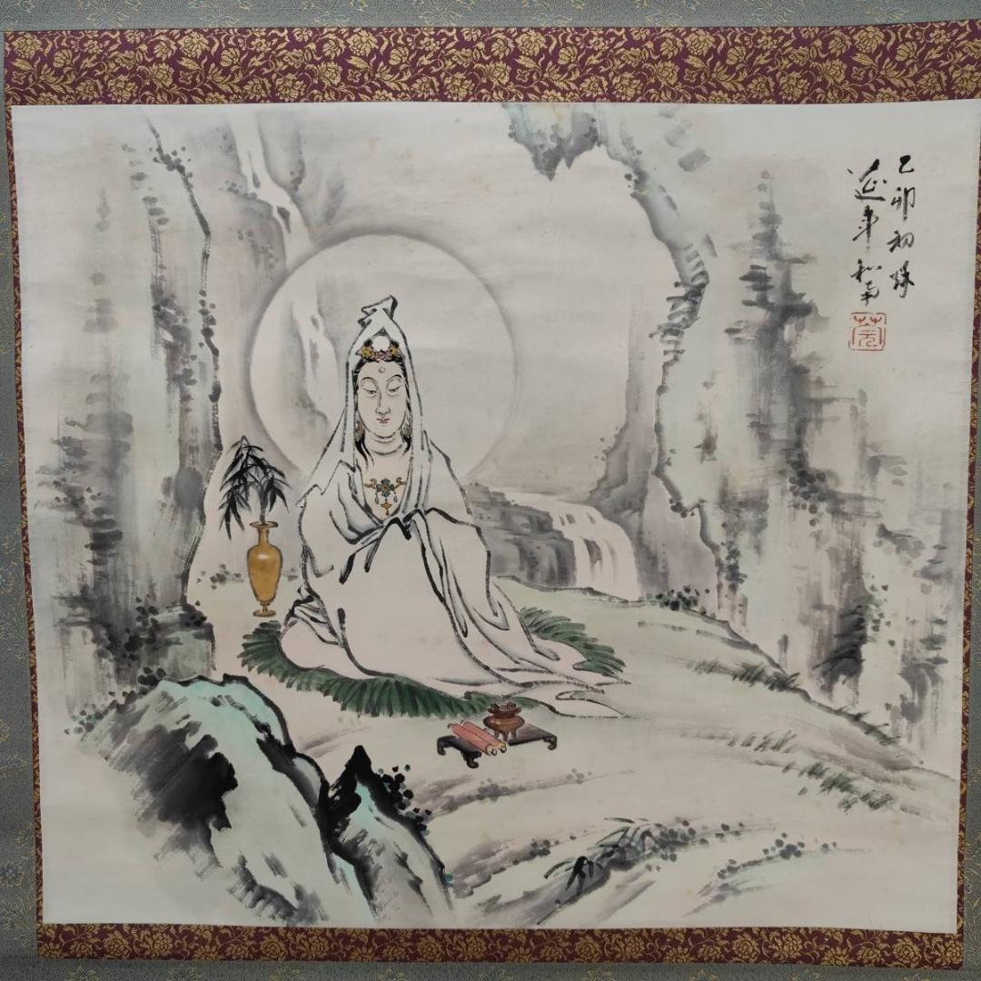 真作/延斗/白衣大士/観音図/人物/横物/桐共箱付/布袋屋掛軸A-453