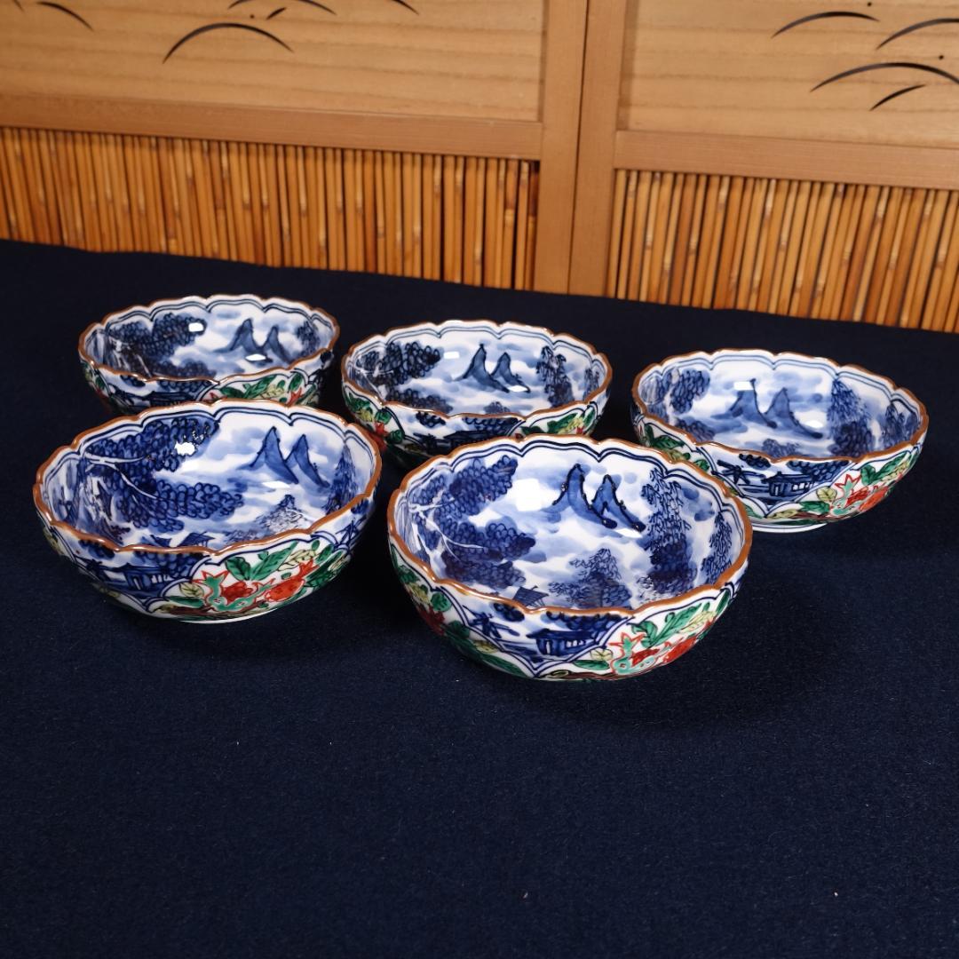 京焼名工 馬場京泉 染付色絵 柘榴に山水風景文 向付 5客