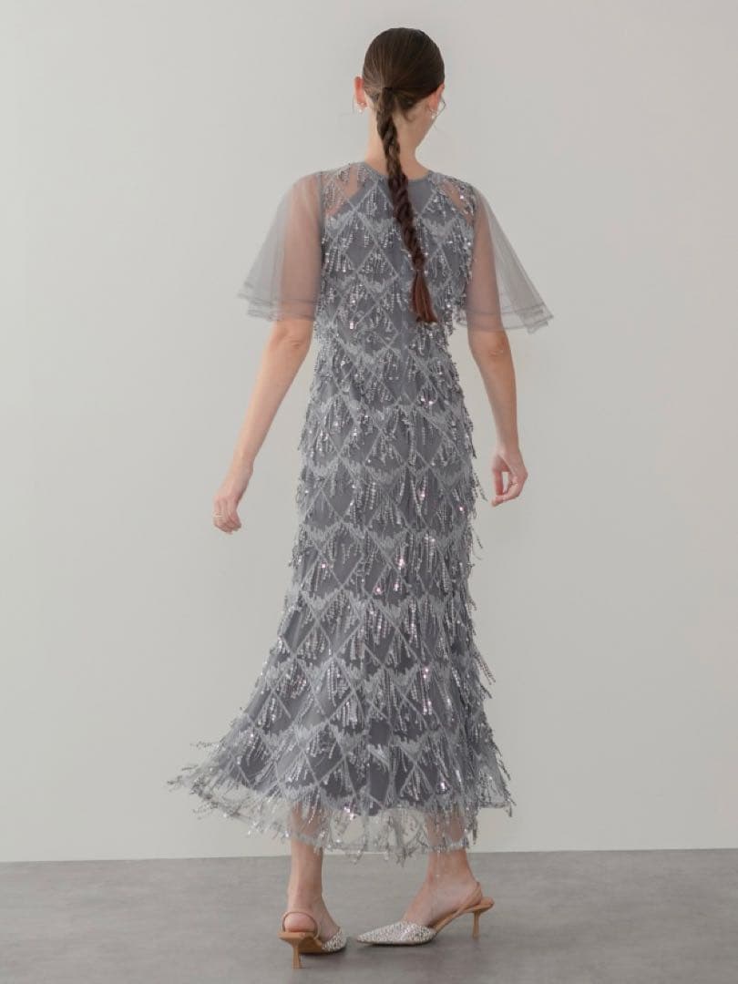 チュールスリーブスパンコールマーメイドワンピースドレス結婚式パーティー成人式