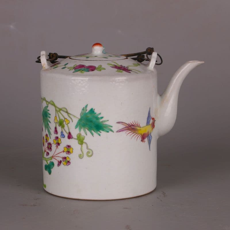 彩花鳥提梁壺 茶壺 茶道具 茶器 工芸品 美術品 置物