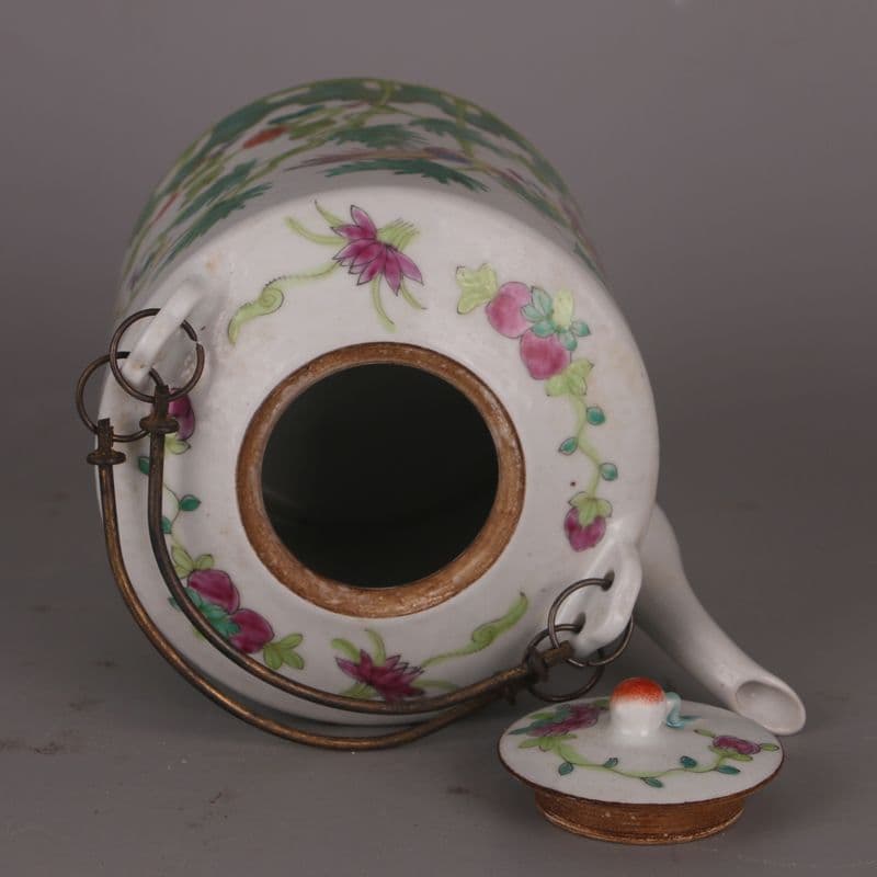 彩花鳥提梁壺 茶壺 茶道具 茶器 工芸品 美術品 置物