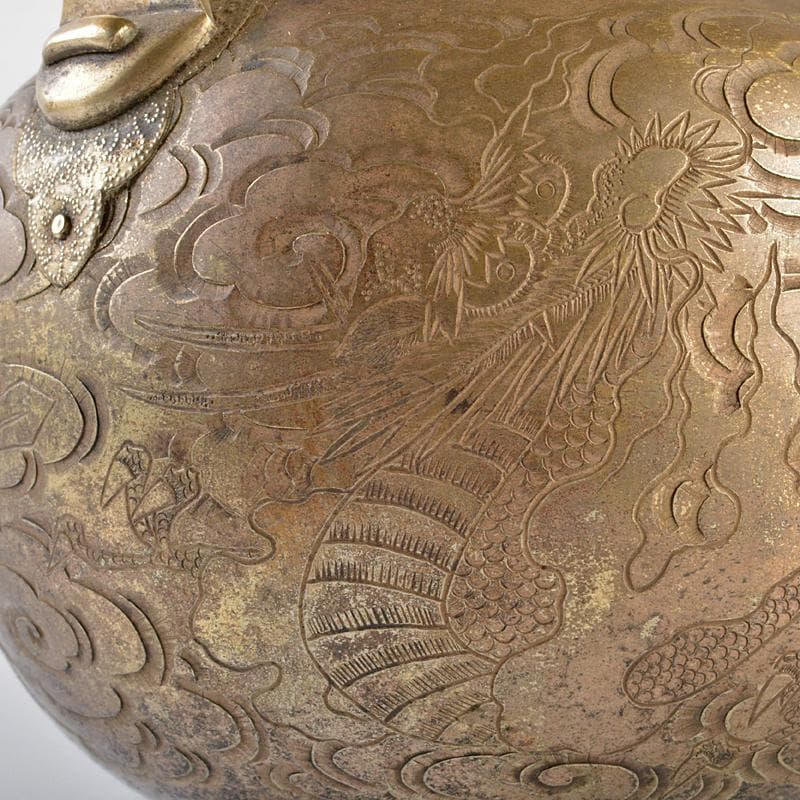 煎茶道具　黄銅　いぶし銀　彫金雲龍刻　湯沸し　薬缶　時代箱付　H　R6180B