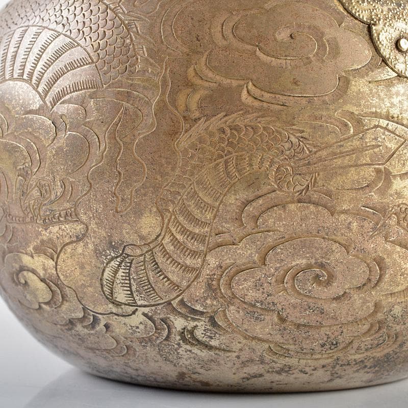 煎茶道具　黄銅　いぶし銀　彫金雲龍刻　湯沸し　薬缶　時代箱付　H　R6180B