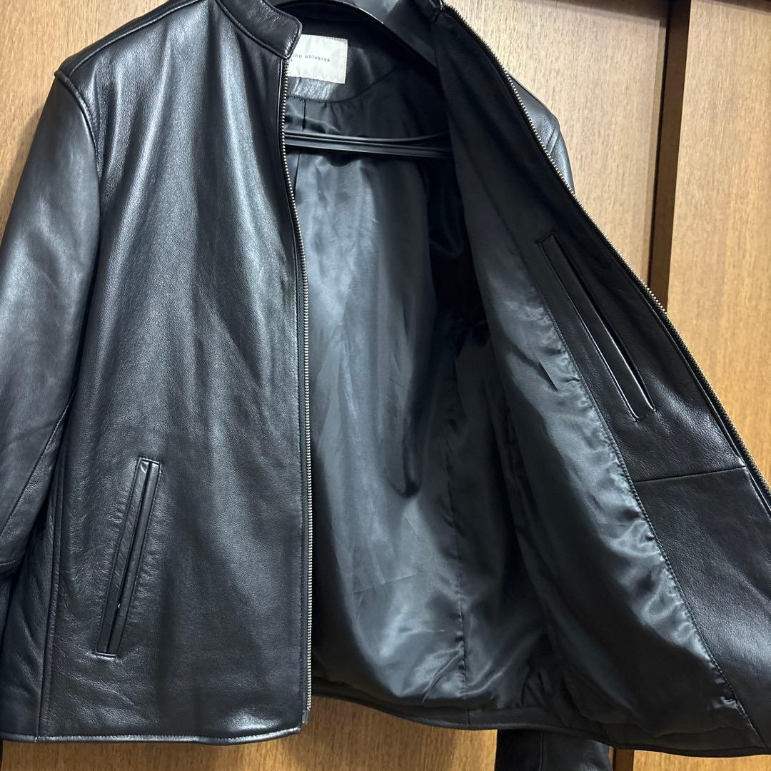 [ナノ・ユニバース] バンドカラー レザー シングル ライダースジャケット