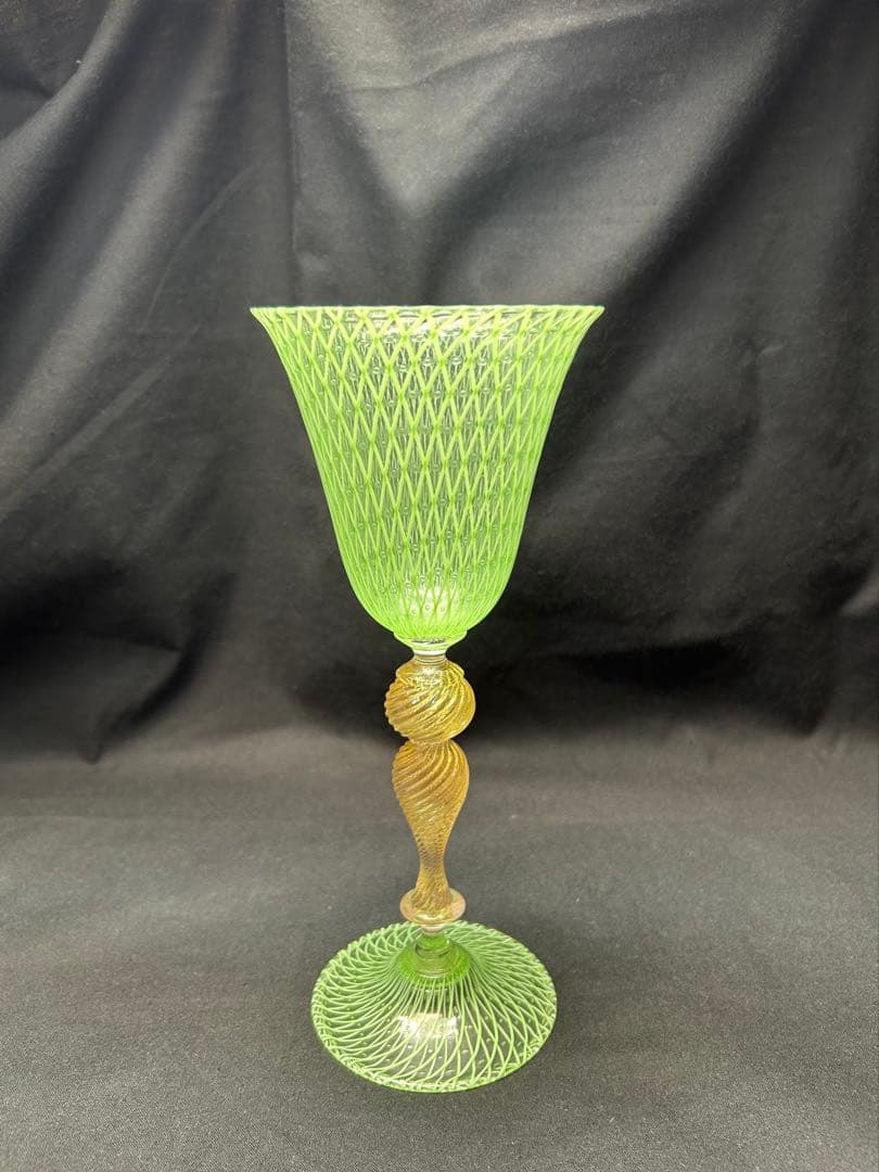 ベネチアングラスSeguso緑色網目模様ガラスカップ