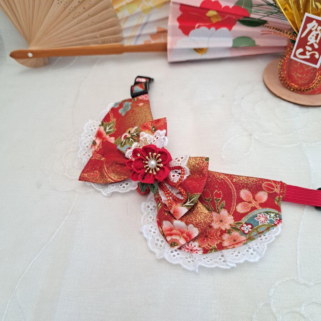 お正月仕様和風つまみ細工(赤③)わんちゃん猫ちゃん用襟つき首輪