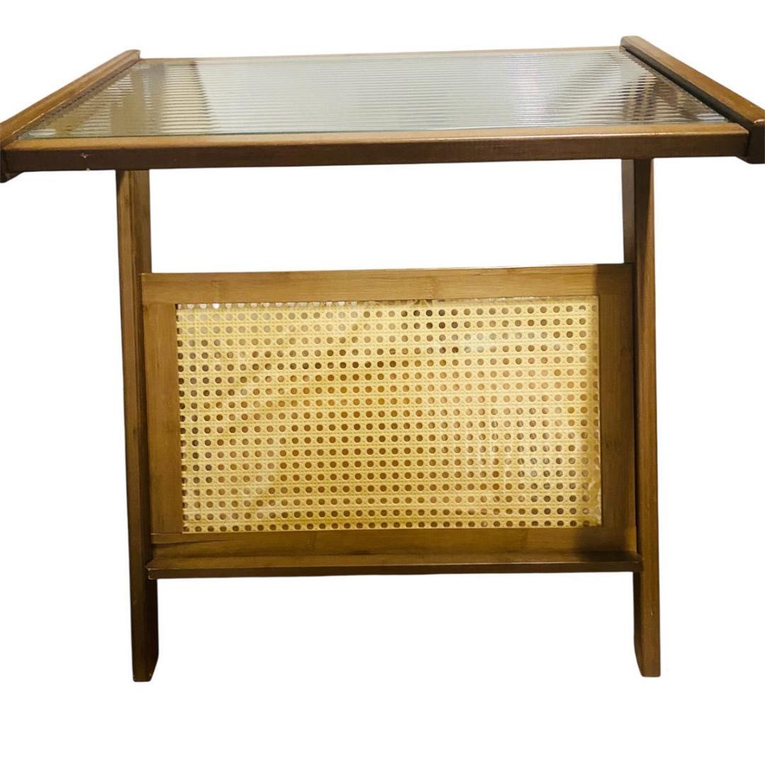 木製ブラウンサイドテーブル ガラス天板