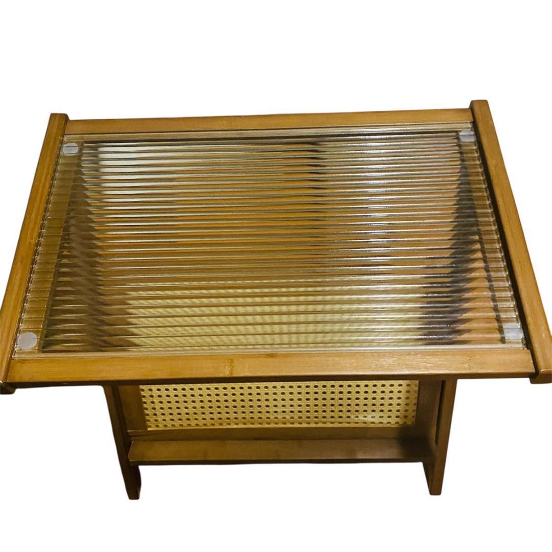 木製ブラウンサイドテーブル ガラス天板