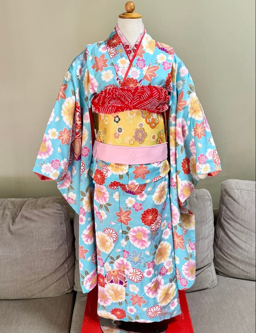 七五三着物帯セット　7歳　紺　水色黄色帯