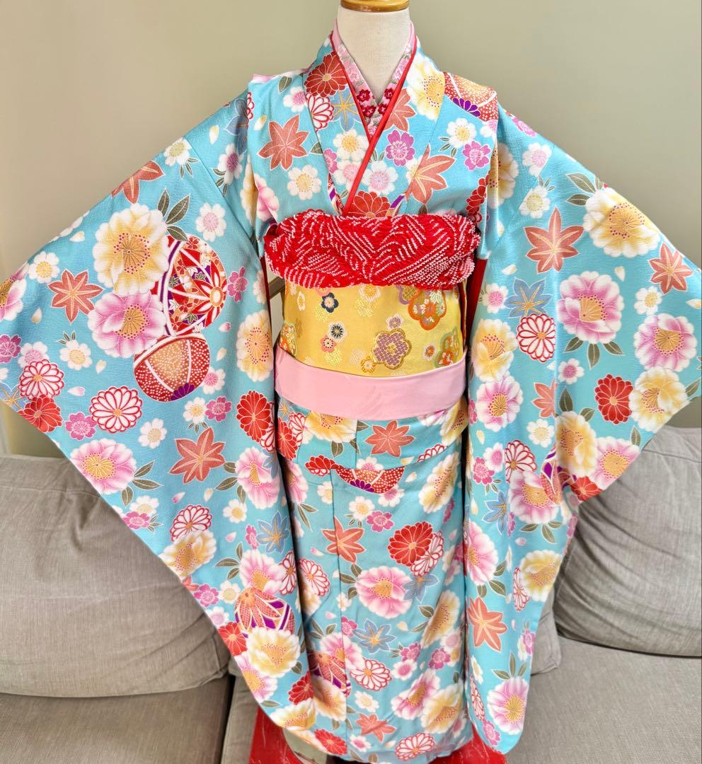 七五三着物帯セット　7歳　紺　水色黄色帯