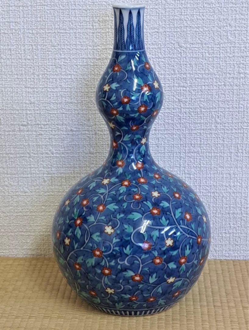 人間国宝 十三代 今泉今右衛門 本人作 色鍋島更紗文瓢瓶 共箱 真作保証