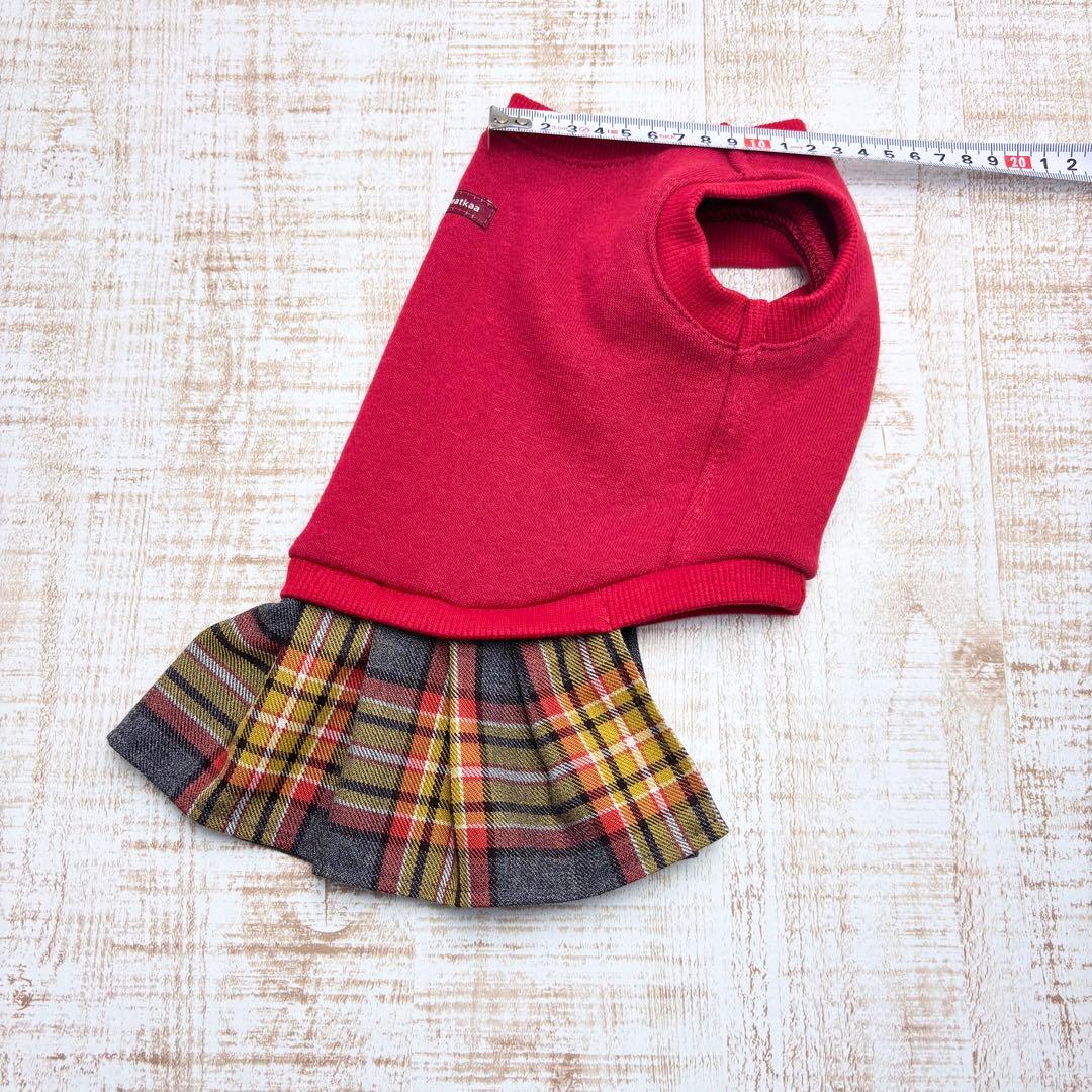 【オーダーページ】犬服　赤ニット×グレーオレンジチェックツーピース