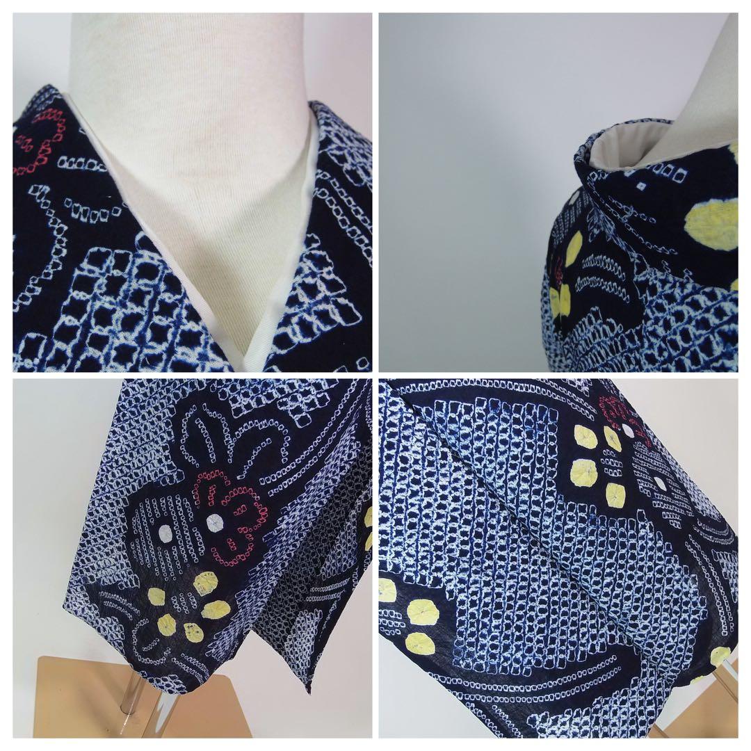 美品　有松絞り浴衣　花文様　蜘蛛絞り　藍染　夏にぴったりの涼やか浴衣　SS寸